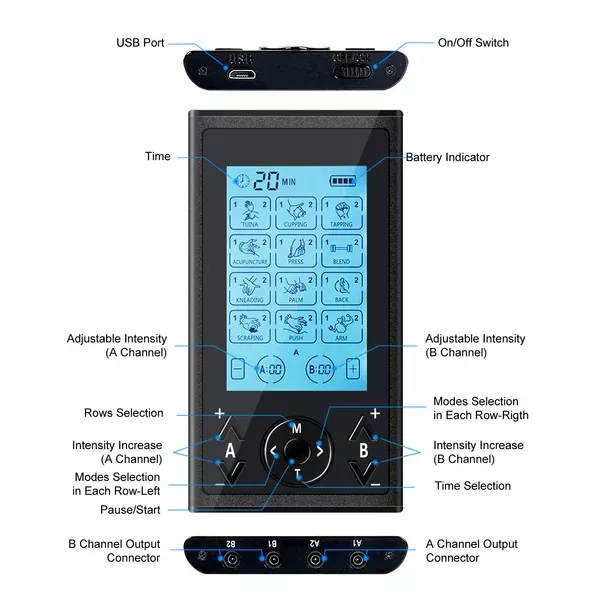 4 Outputs TENS Unit Muscle Stimulator Machine: Easy@Home 24 Modes Rechargeable EMS Electric Pulse Massager | Electric TENS Machine - Pain Relief Therapy for Back Pain | Neck Pain | Muscle Pain-AS8011