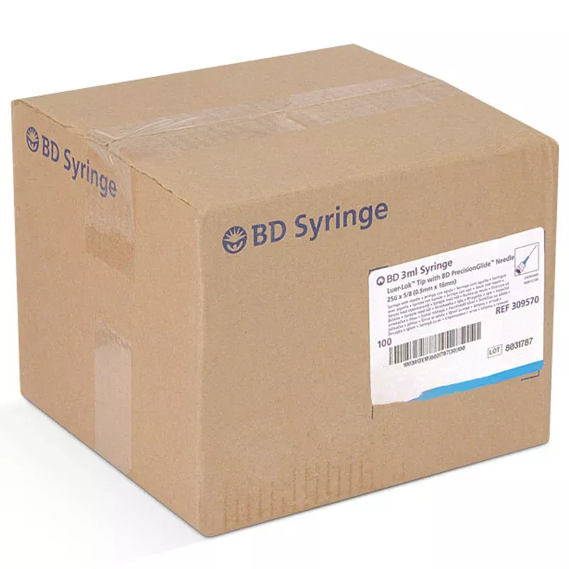 BD 25 Gauge x 5/8 Luer-Lok Syringes with attached PrecisionGlide Hypodermic Needle 100/Box