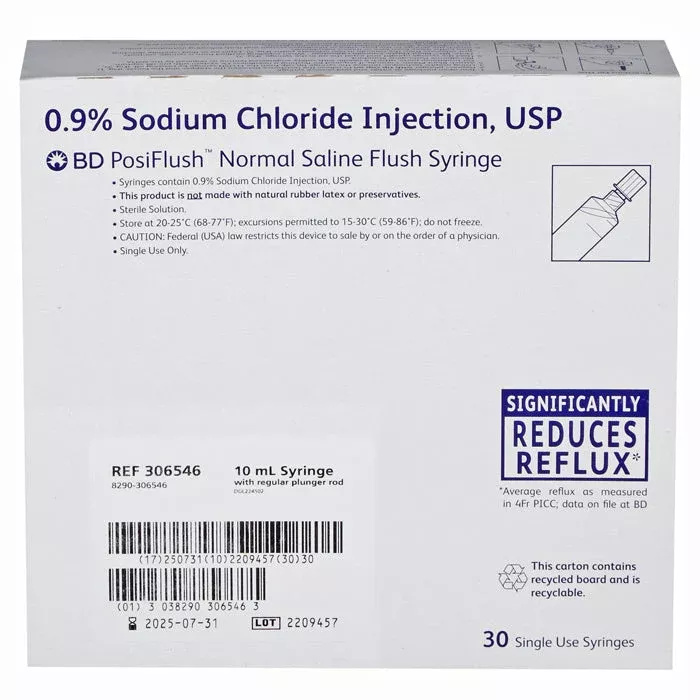 BD Saline Flush Syringe (Sodium Chloride 0.9%) PosiFlush 10 mL, 30/box