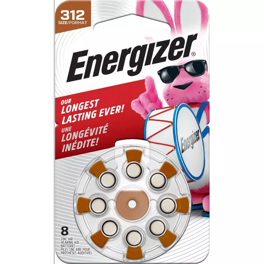 Energizer Hearing Aid Batteries Size 312 Brown Tab, 8 Batteries