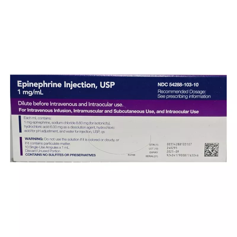 Epinephrine for Injection 1 mL Ampules (1:1000), 10/Box (Rx)