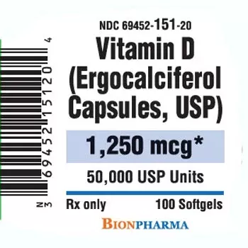 Ergocalciferol (Vitamin D2) 50,000 Unit Capsule 100 Capsules