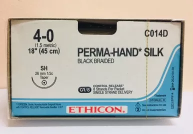 Ethicon C014D PERMA-HAND SilkSuture, Taper Point, Non-Absorbable, SH 26mm ½ Circle, Black Braided 8-18" ˜ 45cm, Size: 4-0, Box of 12