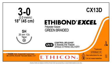 Ethicon CX13D ETHIBOND EXCEL Polyester Suture, Taper Point, Non-Absorbable, SH 26mm ½ Circle, Green Braided 8-18" = 45cm, Size: 3-0, Box of 12