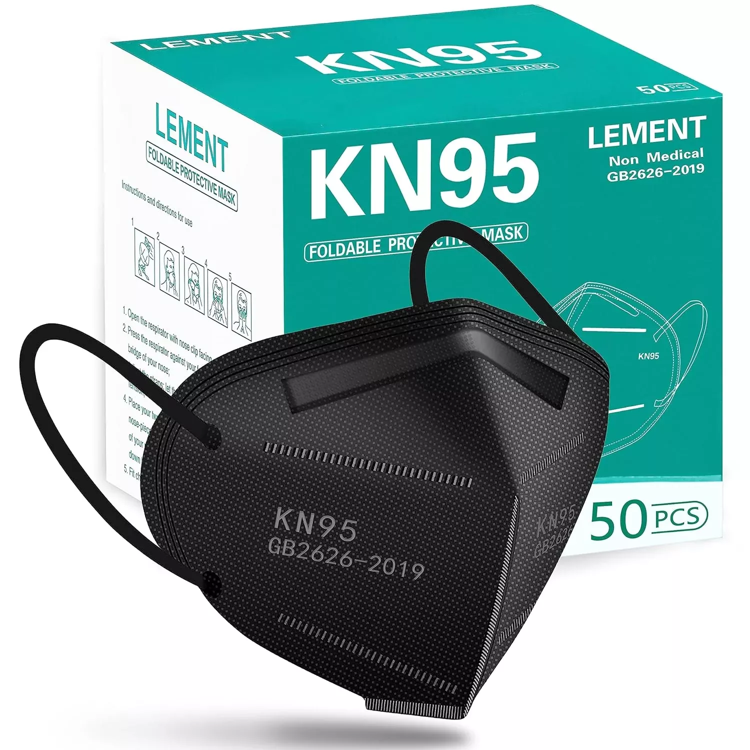 LEMENT Black KN95 5-Layer Disposable Face Masks – 50 Count