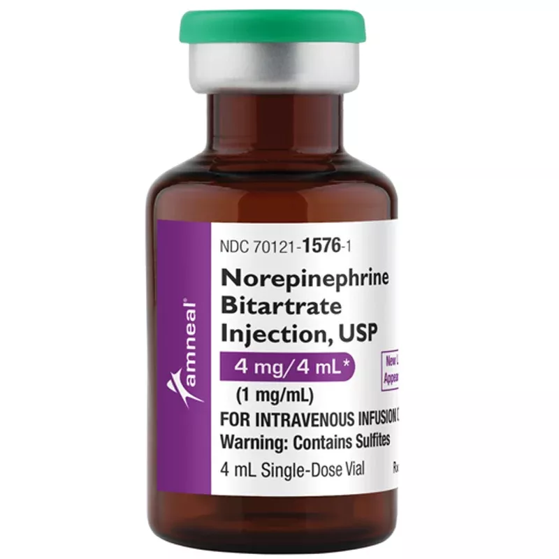 Norepinephrine Bitartrate for Injection 1 mg/mL Single-dose Vial 4 mL, 10/Box - Amneal