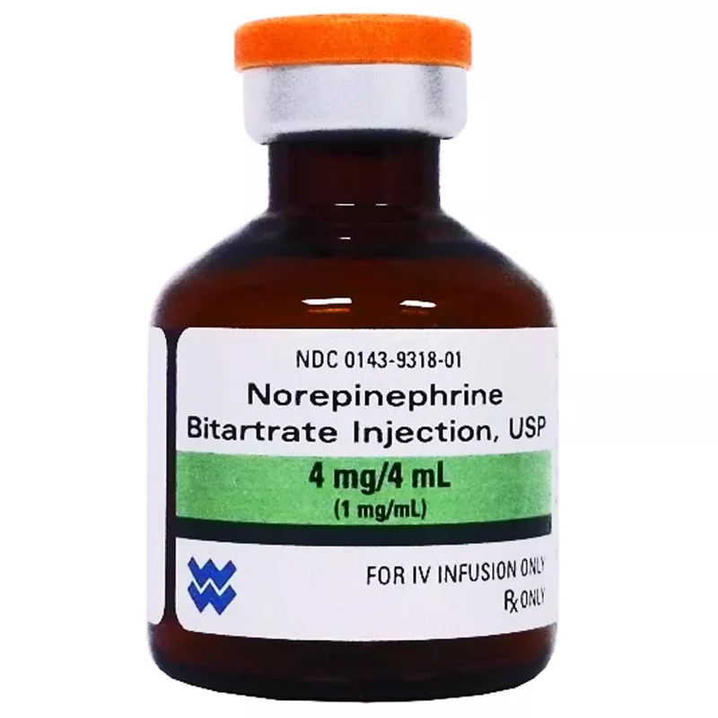Norepinephrine Bitartrate Injection 1 mg/mL Single-dose Vial 4 mL, 10/Box (Rx)