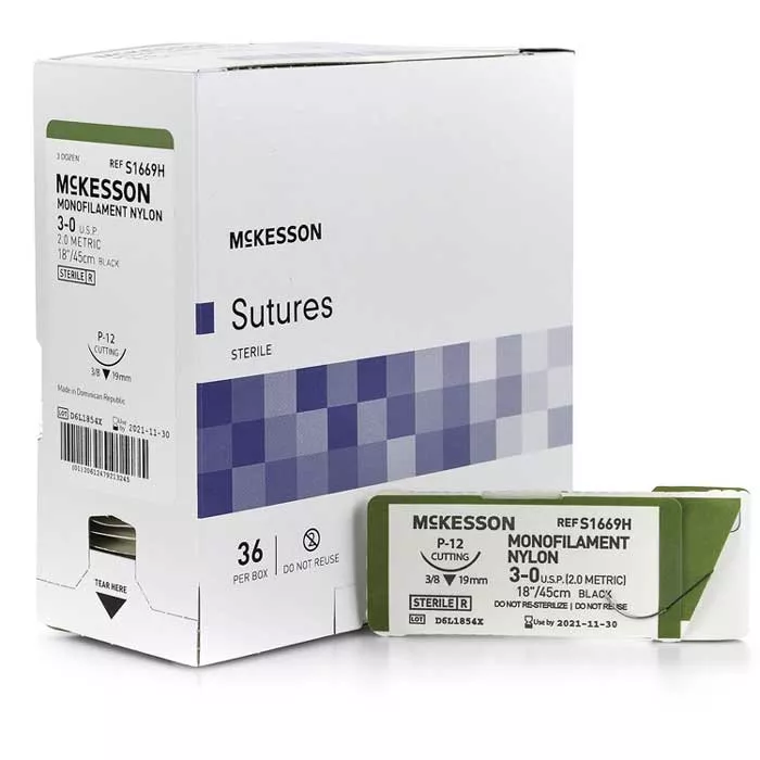 Nylon Suture with P-12 Needle Non-Absorbable 3/8 Circle Precision Reverse Cutting, Monofilament