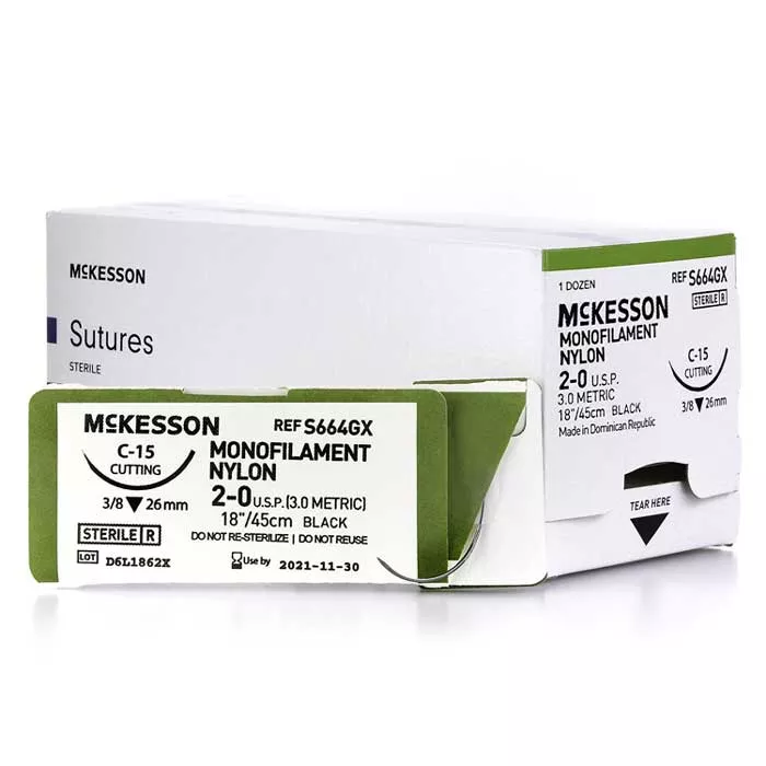 Nylon Sutures 2-0 with Needle3/8 Circle Reverse Cutting Needle, Non-Absorbable, Monofilament C-15