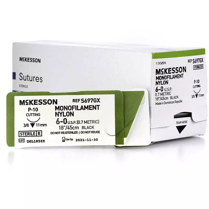 Nylon Sutures 6-0 with P-10 Size Needle 3/8 Circle Reverse Cutting Needle, Non-Absorbable, Monofilament