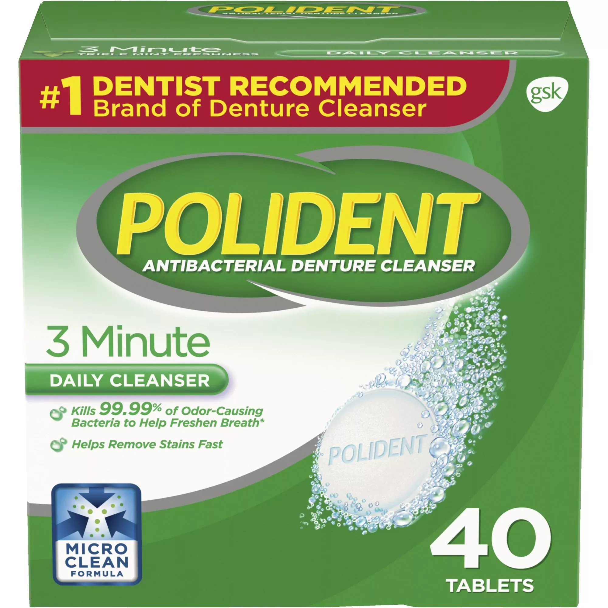 Polident 3 Minute Soak Antibacterial Denture Cleanser 40 ct
