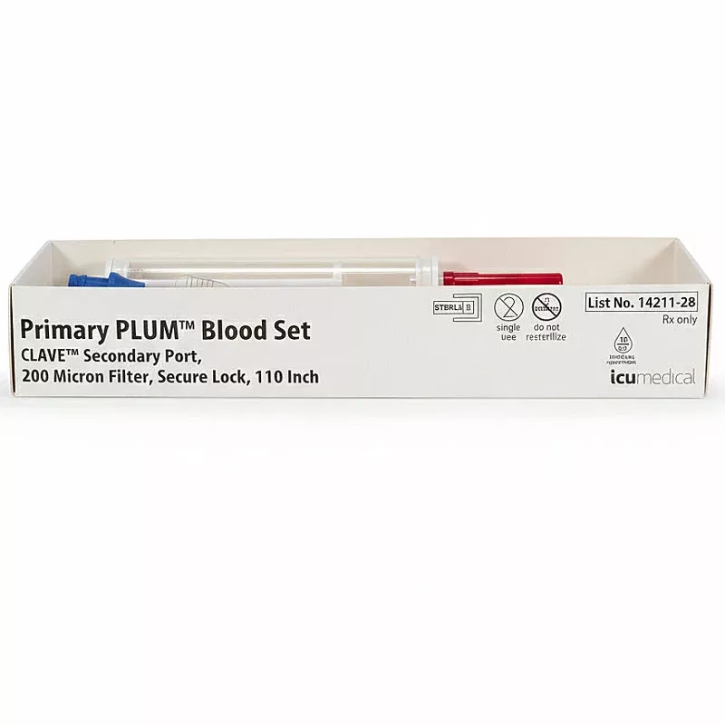 Primary PLUM Blood IV Set, Secondary Port, 200 Micron Filter, Secure Lock, 110 inches Long 48/Case