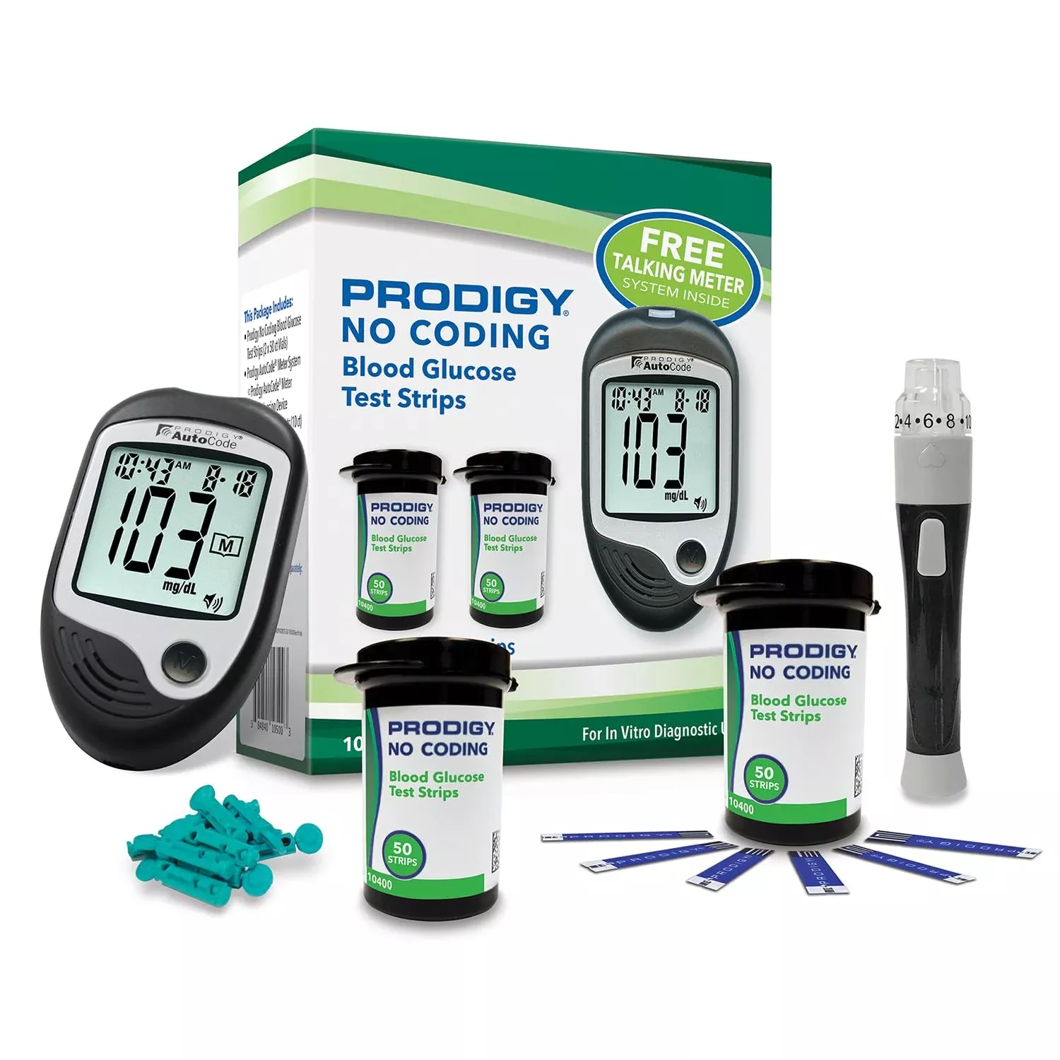 PRODIGY 10500 Talking Blood Glucose Meter Kit with 100 No-Coding Test Strips