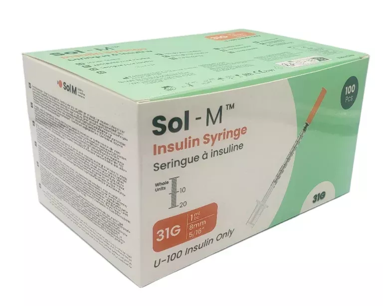 Sol-M Insulin Syringes U-100 31G 5/16" (8 mm) 0.5cc – 100 Count