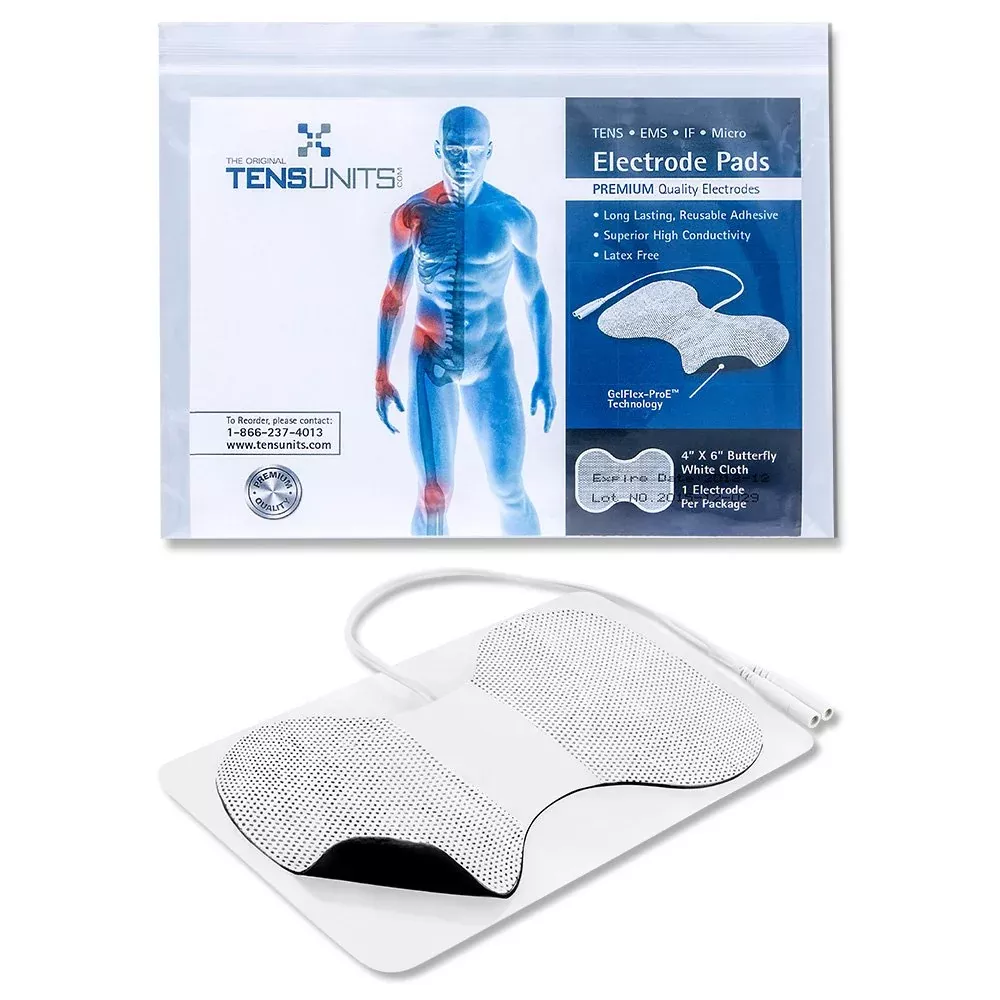 Upgrade your experience with targeted reliefwith our Lower Back Butterfly Premium Comfort Plus 4" x 6" White Cloth Electrode, designed for ultimate comfort and precise stimulation.